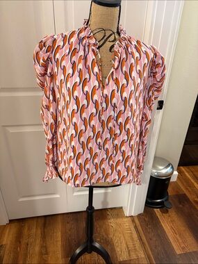 THML Pink, Orange & Navy Printed Ruffle V-Neck Blouse